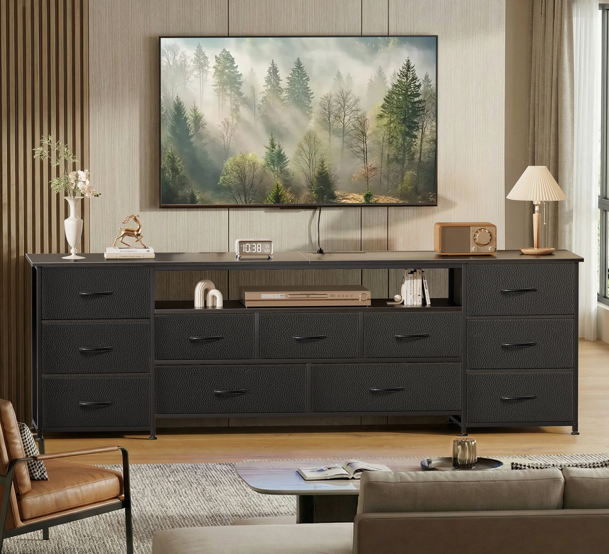 Amadwell Large TV Stand for 75, 80 Inch TVs, 11 Drawers with Power Outlets & LED Lights, 70 inch Entertainment Center