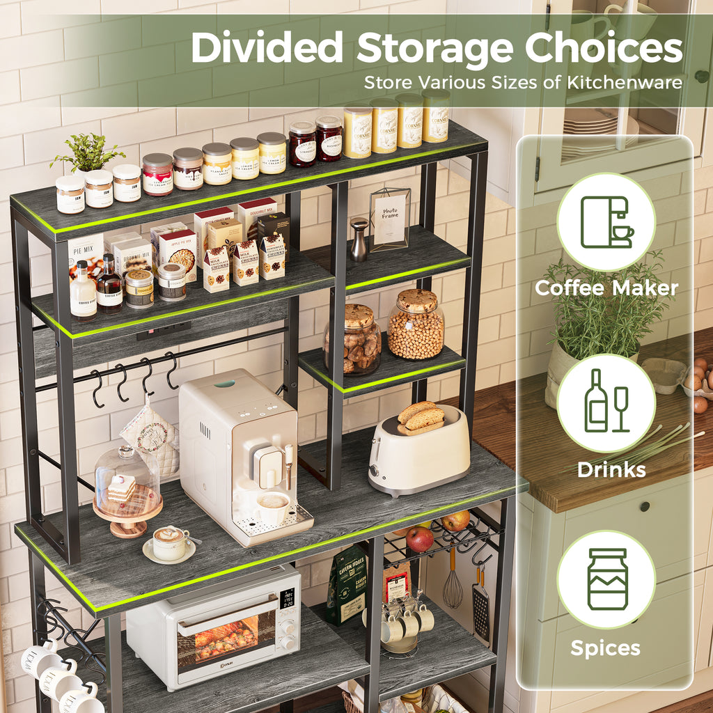 Amadwell 39.4" Large Bakers Rack, 6-Tier Microwave Stand with Power Outlets, Kitchen Shelf with Wire Basket, Gray
