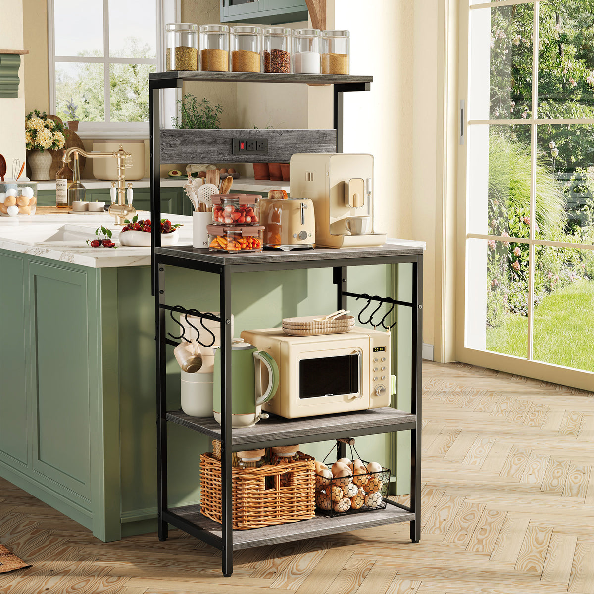 Amadwell 4-Tier Kitchen Storage Shelf Organizer Bakers Rack with Power Outlets, Coffee Bar & Microwave Stand, Gray