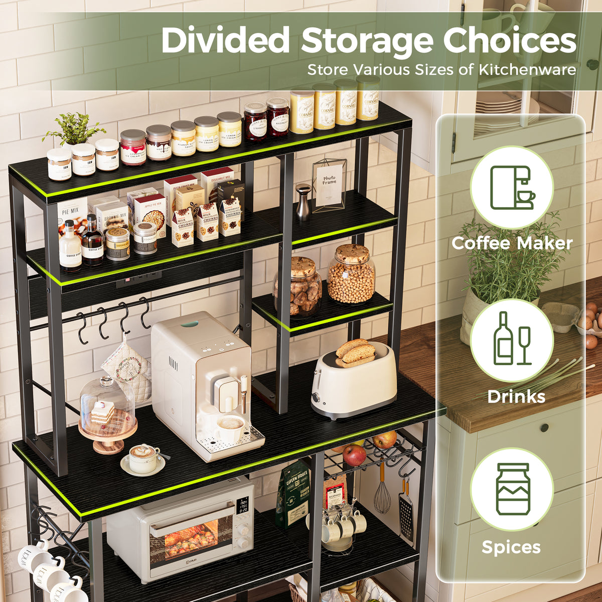 Amadwell 39.4" Large Bakers Rack, 6-Tier Microwave Stand with Power Outlets, Kitchen Shelf with Wire Basket, Black