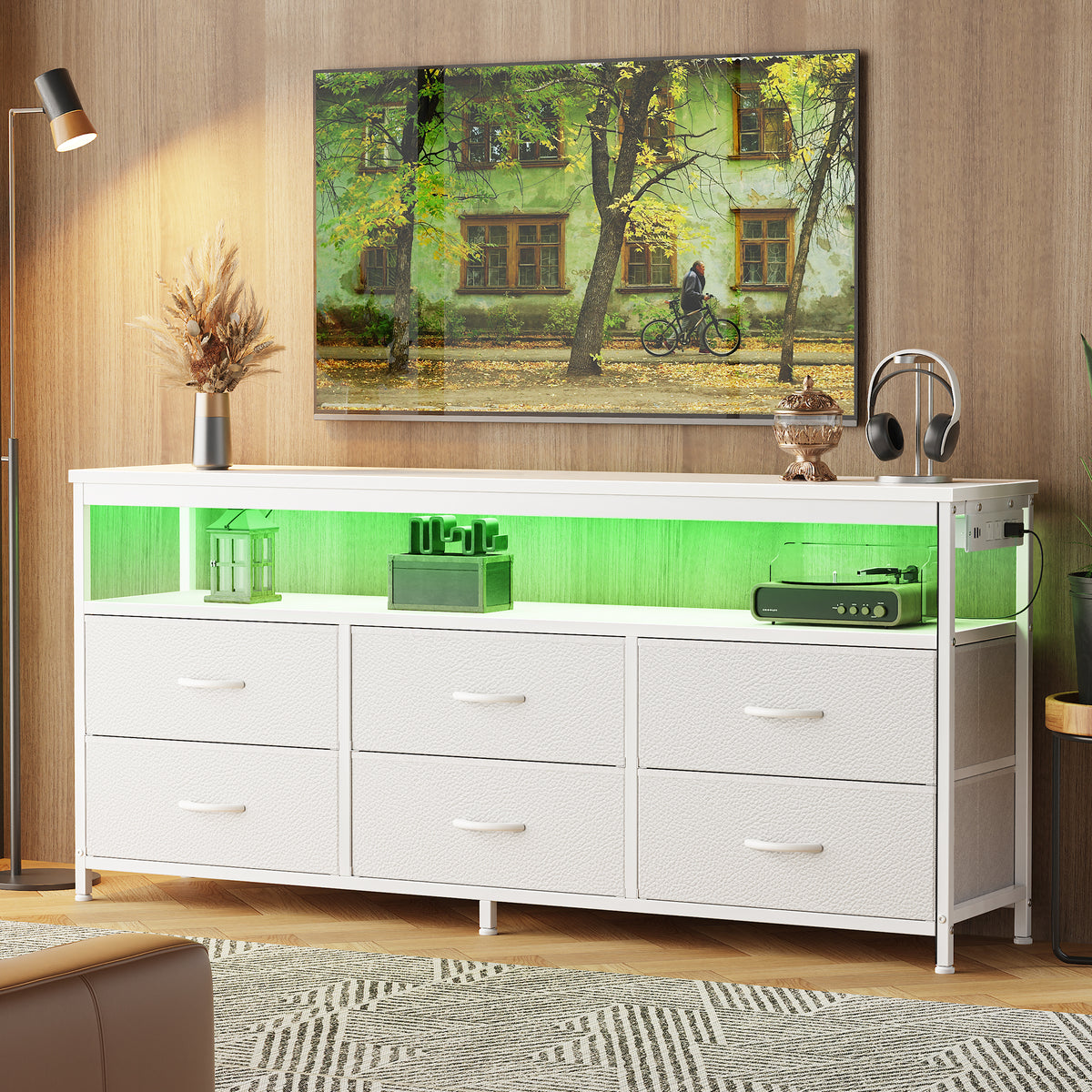 Amadwell 54 Inch LED TV Stand Dresser for 65 Inch TVs, 6 Drawer Entertainment Center with Power Outlets, Media Console with Storage, White