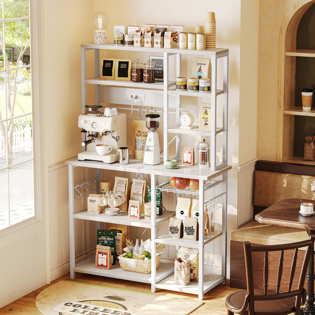 Amadwell 39.4" Large Bakers Rack, 6-Tier Microwave Stand with Power Outlets, Kitchen Shelf with Wire Basket, White