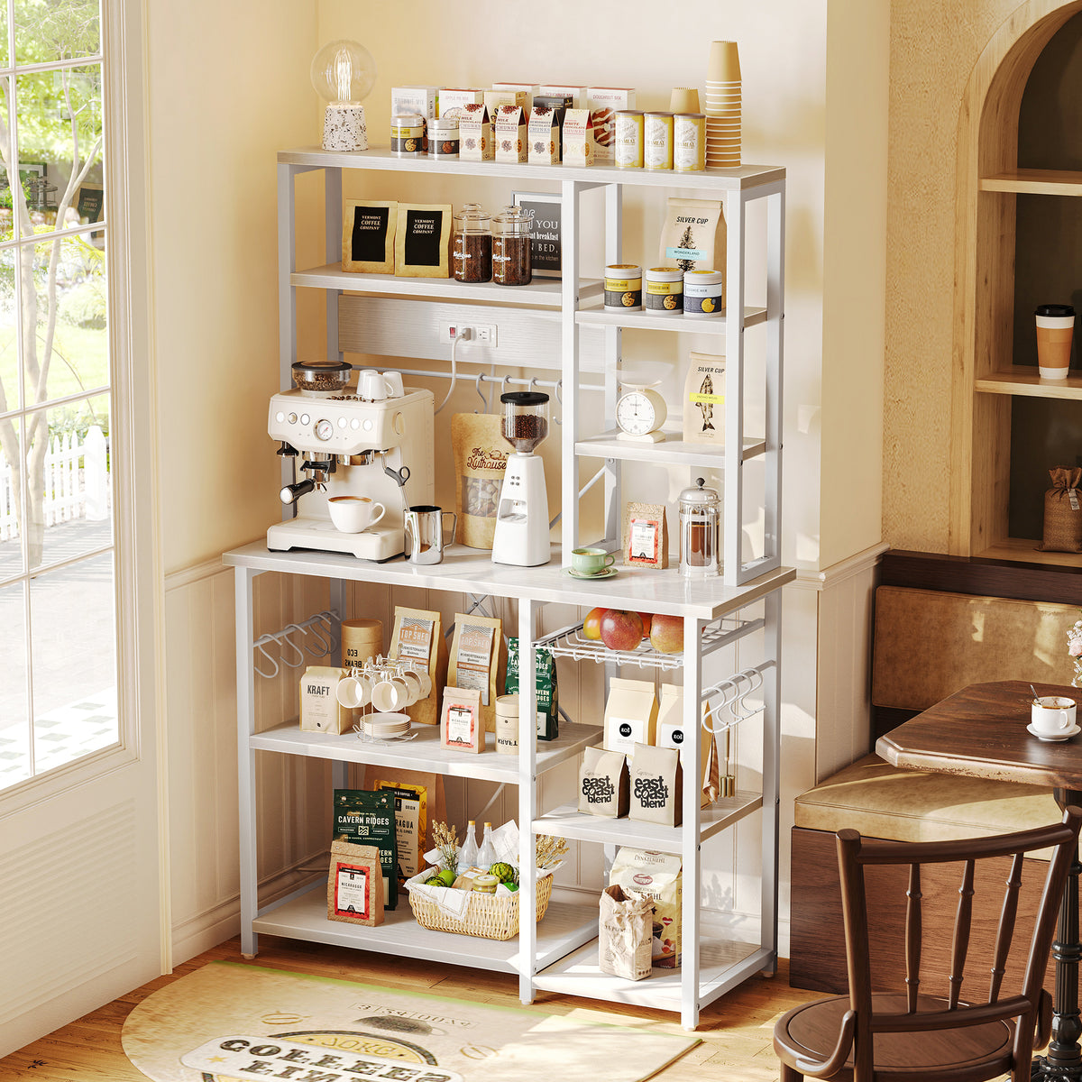 Amadwell 39.4" Large Bakers Rack, 6-Tier Microwave Stand with Power Outlets, Kitchen Shelf with Wire Basket, White