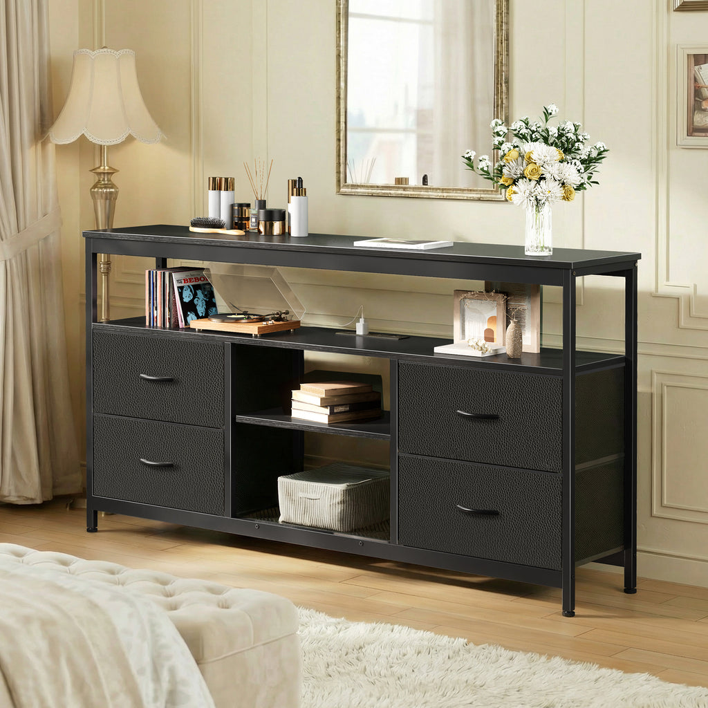 Amadwell TV Stand with Power Outlets & LED Lights, 4 Drawer Dresser Entertainment Center, Media Console with Open Shelf, Black