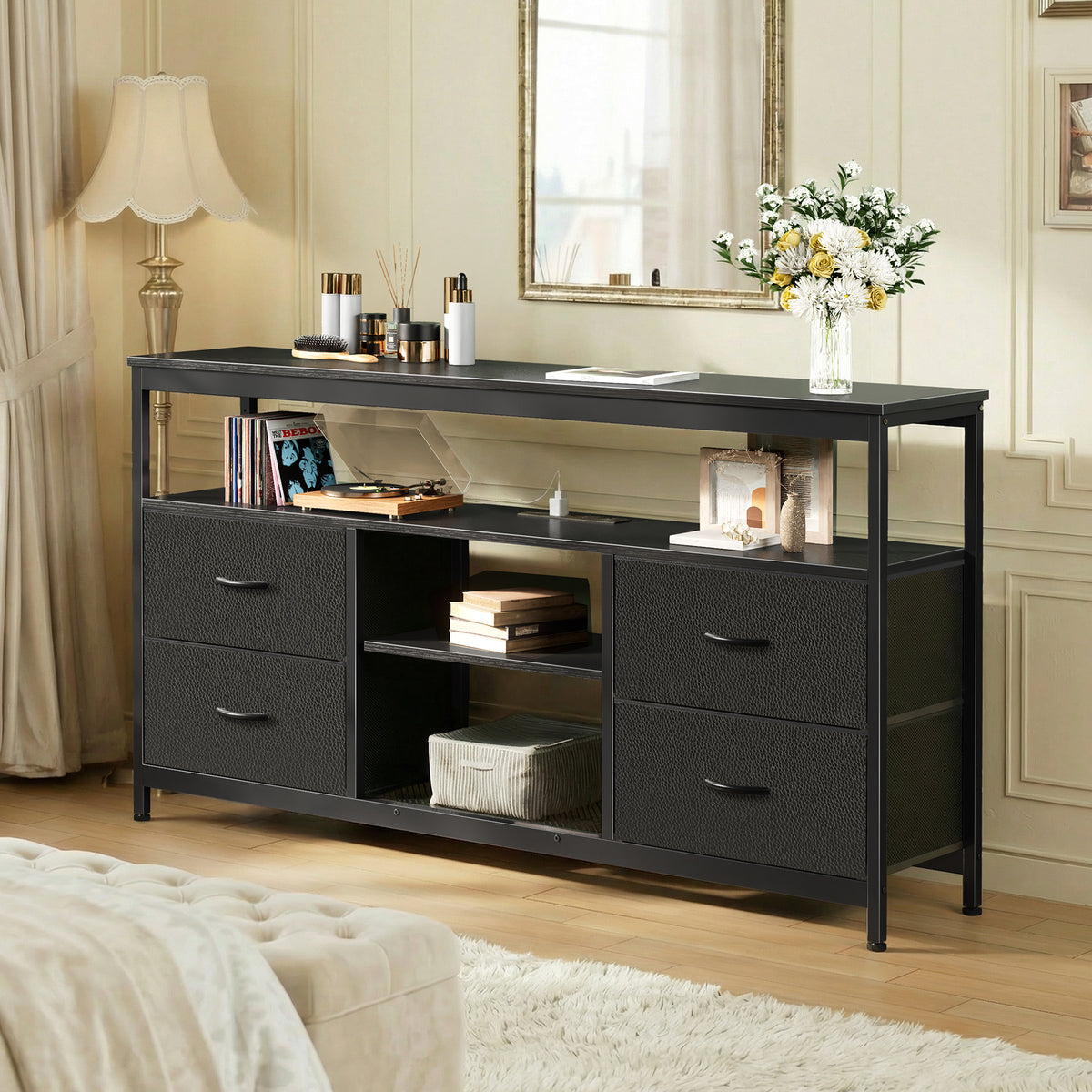 Amadwell TV Stand with Power Outlets & LED Lights, 4 Drawer Dresser Entertainment Center, Media Console with Open Shelf, Black