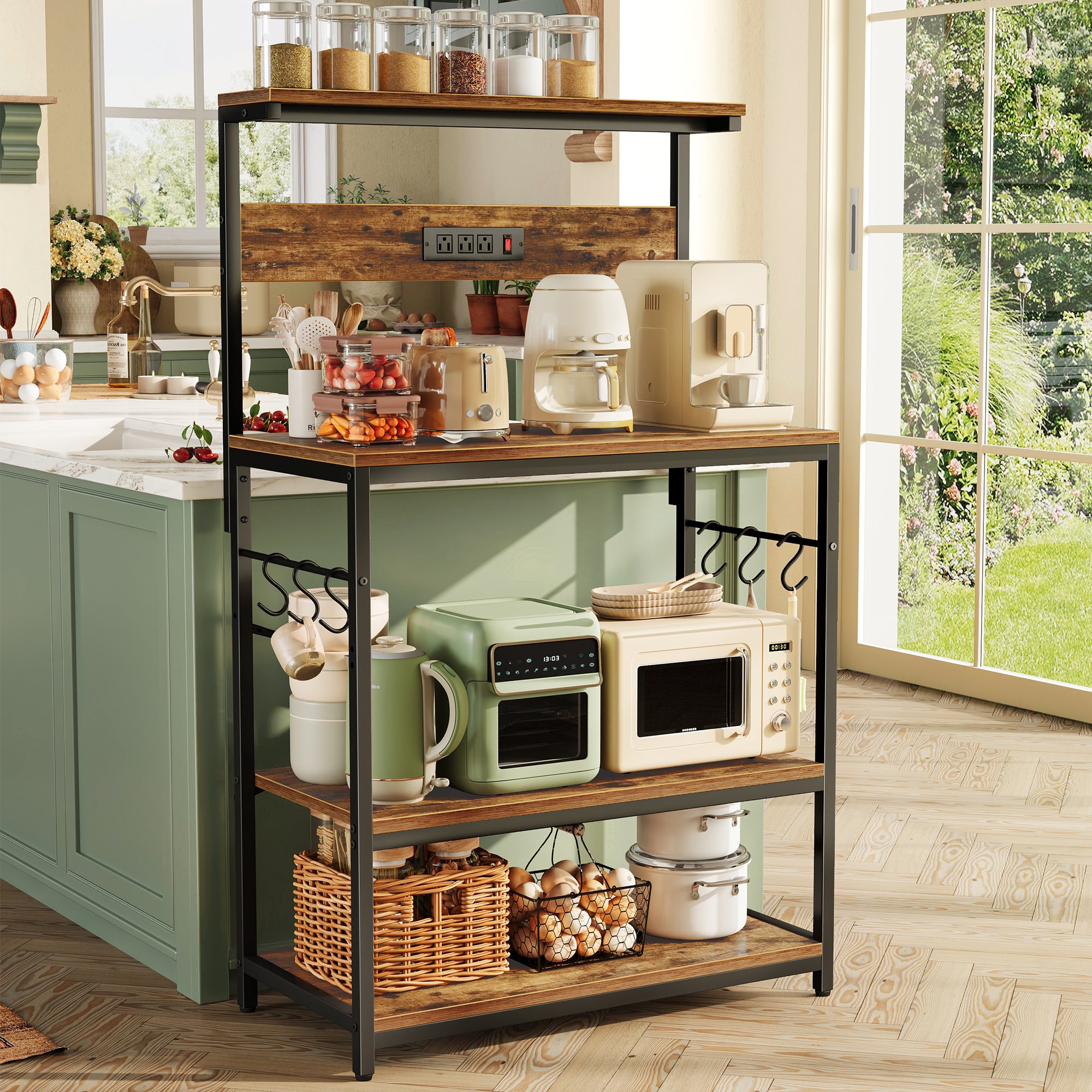 Amadwell Kitchen Bakers Rack with Power Outlets, 31.5" Large Microwave Stand, Coffee Bar Station, Brown