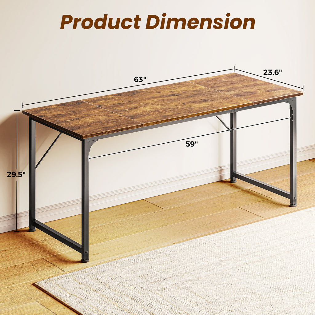 63" Computer Desk, Modern Office, Study & Gaming Desk with Storage, Large Legroom, Sturdy Metal Frame, Rustic Brown