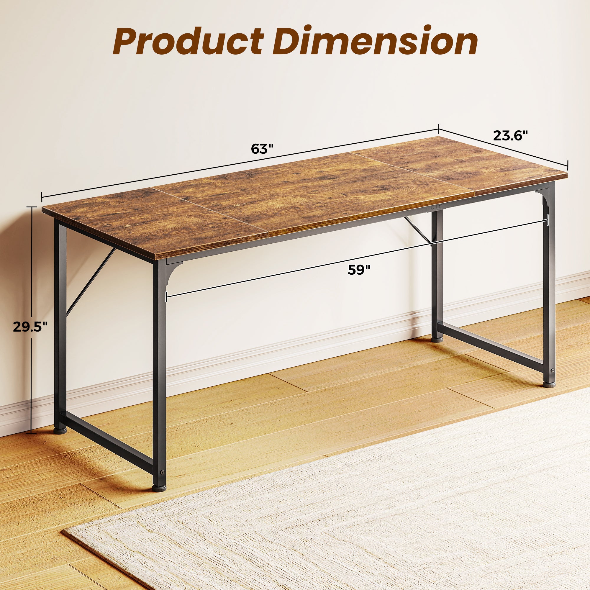 63" Computer Desk, Modern Office, Study & Gaming Desk with Storage, Large Legroom, Sturdy Metal Frame, Rustic Brown