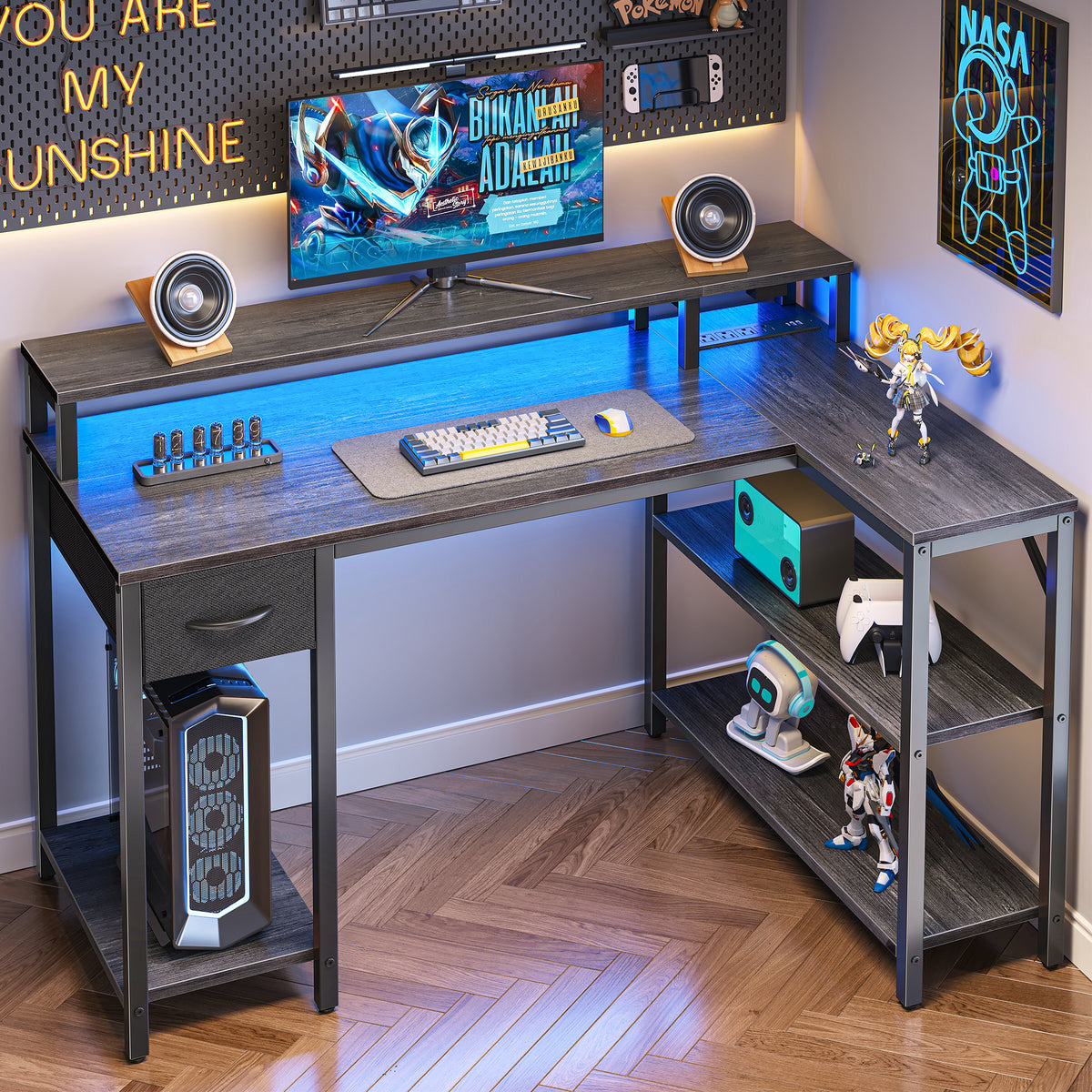 Amadwell 47 Inch L Shaped Desk with LED Strip, Corner Gaming Desk with Power Outlet, Drawer & Shelves, Gray