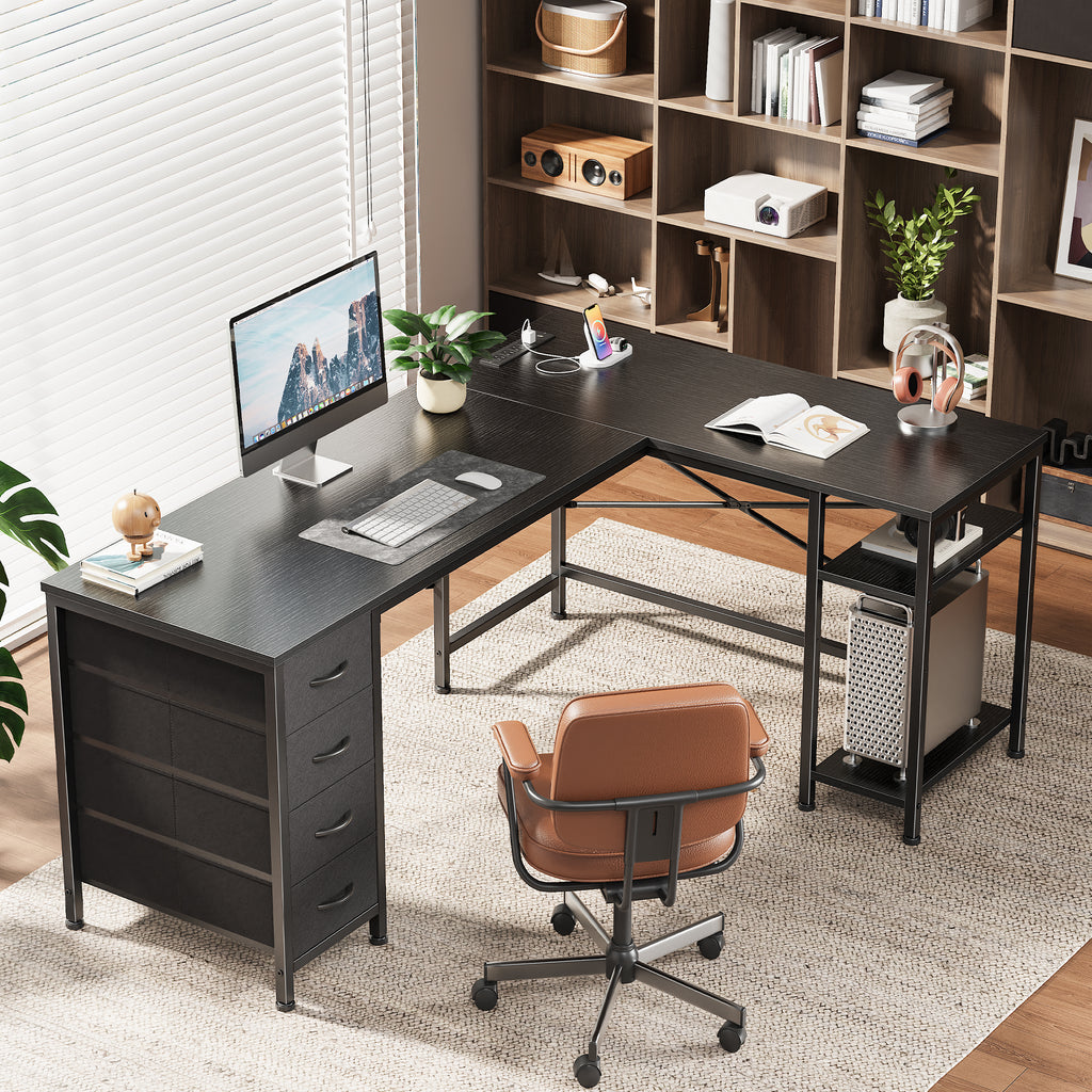 55 Inch L-Shaped Desk with Fabric Drawers, Reversible Home Office & Gaming Desk with Power Outlets, USB-C, and Adjustable Storage Shelves, Black