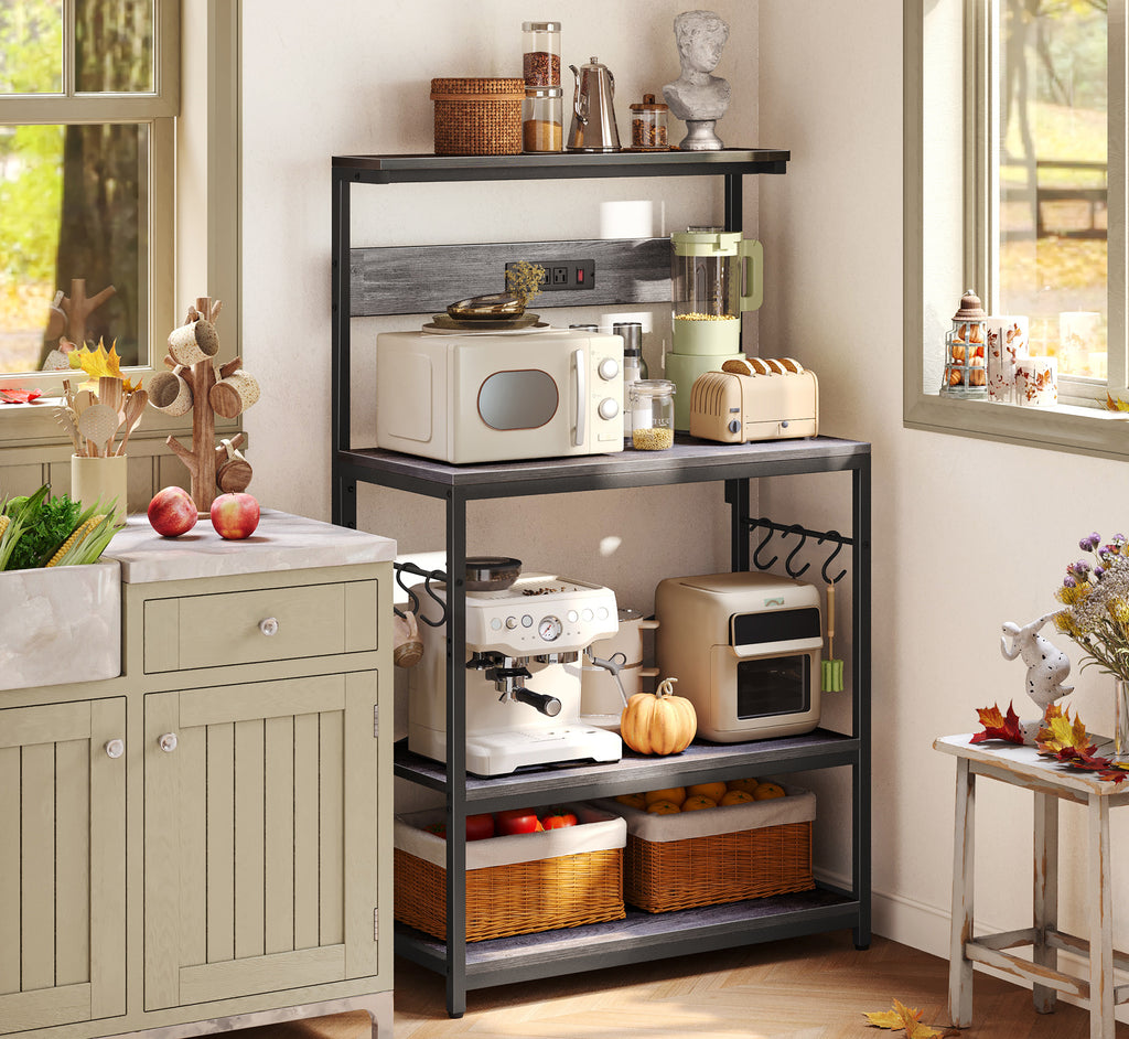 Amadwell Kitchen Bakers Rack with Power Outlets, 31.5" Large Microwave Stand, Coffee Bar Station, Gray