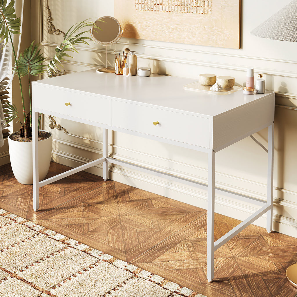 Amadwell 39 Inch White Vanity Desk with 2 Drawers, Small Makeup Vanity Computer Desk for Bedroom, White
