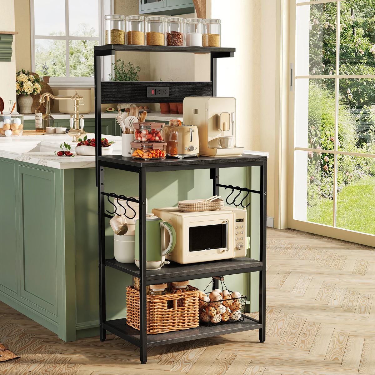 Amadwell 4-Tier Kitchen Storage Shelf Organizer Bakers Rack with Power Outlets, Coffee Bar & Microwave Stand, All Black