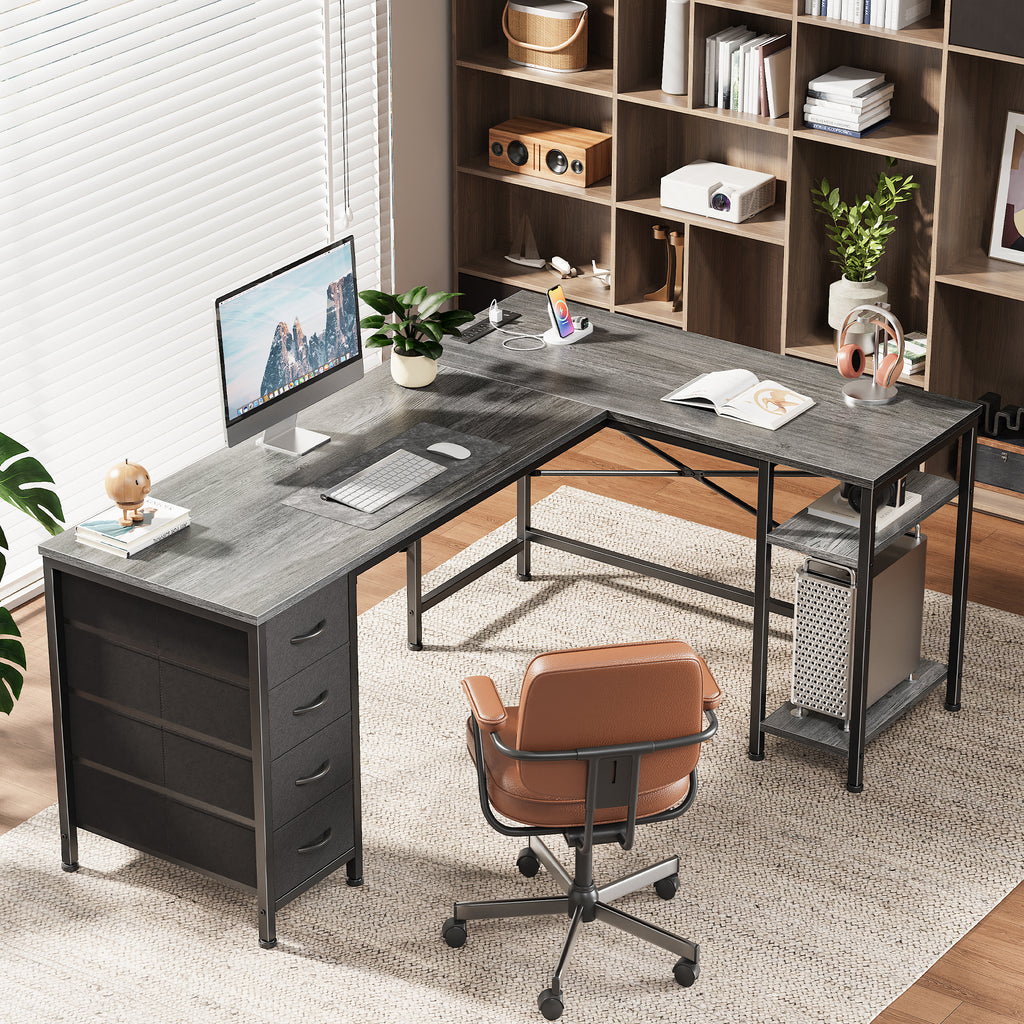 55 Inch L-Shaped Desk with Fabric Drawers, Reversible Home Office & Gaming Desk with Power Outlets, USB-C, and Adjustable Storage Shelves, Gray