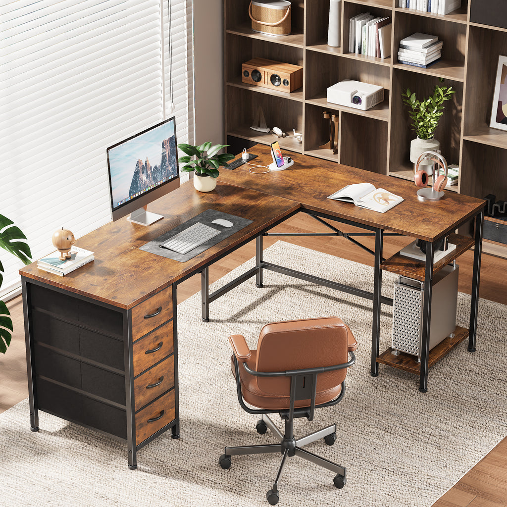 55 Inch L-Shaped Desk with Fabric Drawers, Reversible Home Office & Gaming Desk with Power Outlets, and Adjustable Storage Shelves