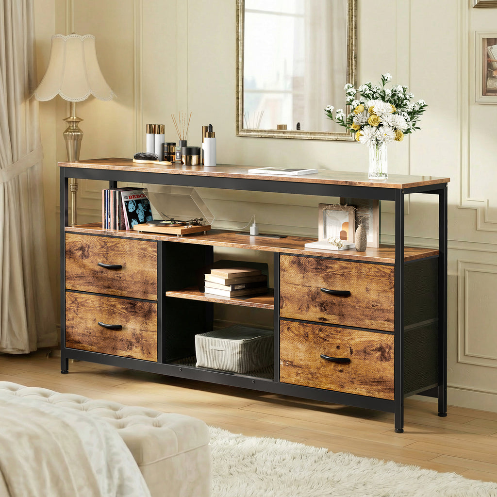 Amadwell TV Stand with Power Outlets & LED Lights, 4 Drawer Dresser Entertainment Center, Media Console with Open Shelf, Brown