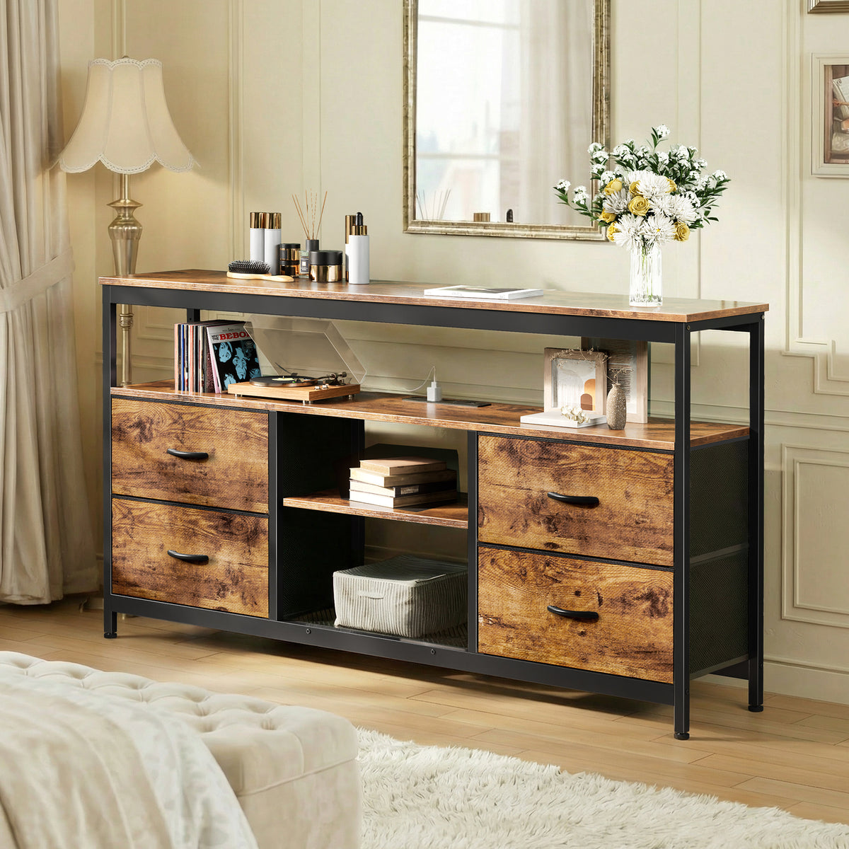 Amadwell TV Stand with Power Outlets & LED Lights, 4 Drawer Dresser Entertainment Center, Media Console with Open Shelf, Brown