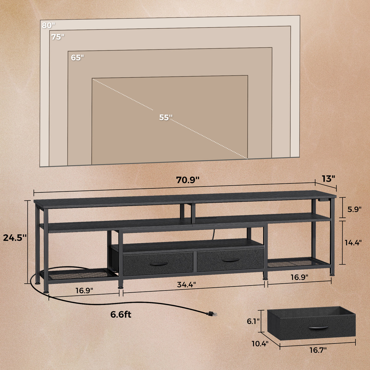 Amadwell 63" LED TV Stand for 75-80 Inch TVs, Entertainment Center with Power Outlets & Drawers, Rustic Brown