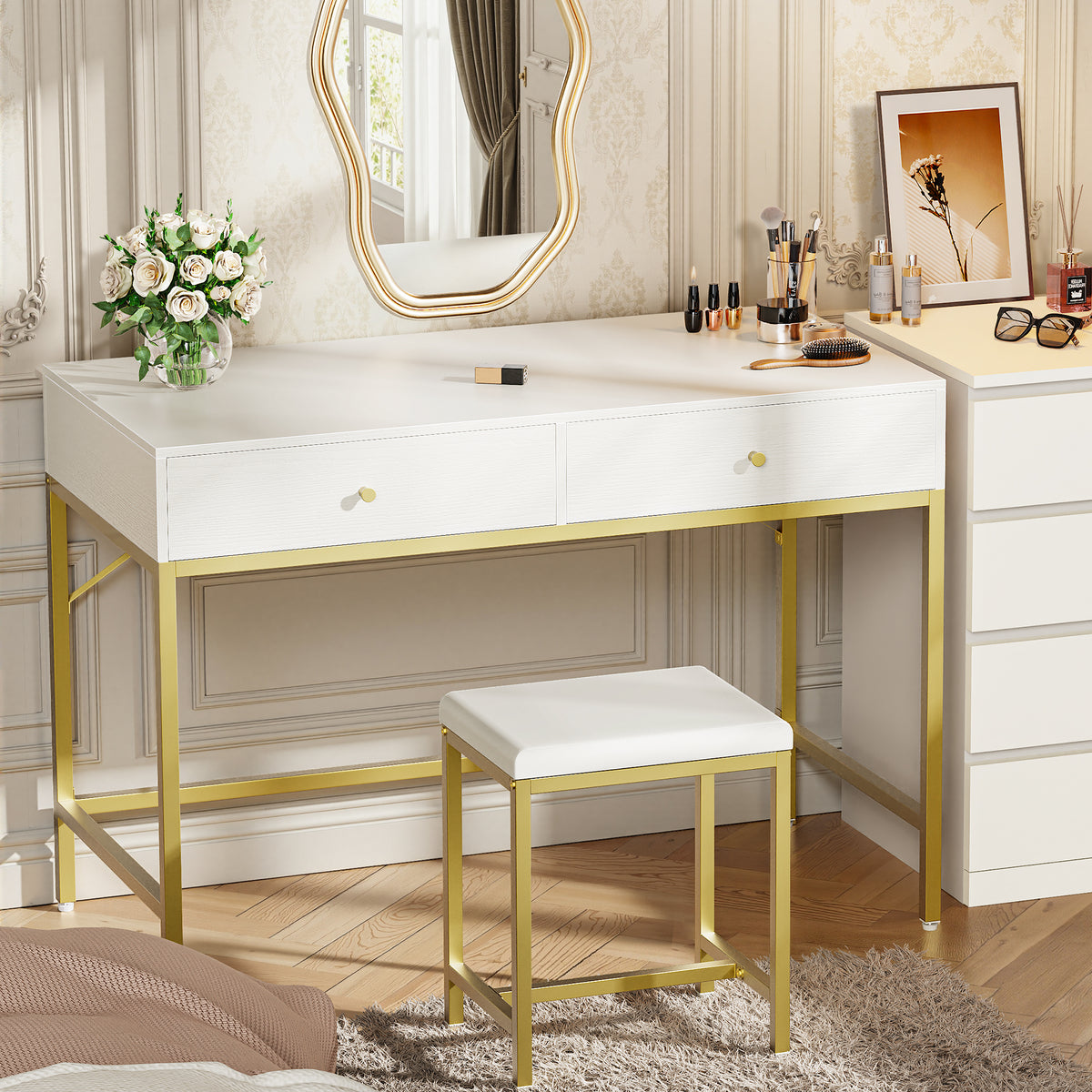 Amadwell 35.4 Inches White and Gold Desk with 2 Drawers, Vanity Desk with Padded Stool, Bedroom, Gold
