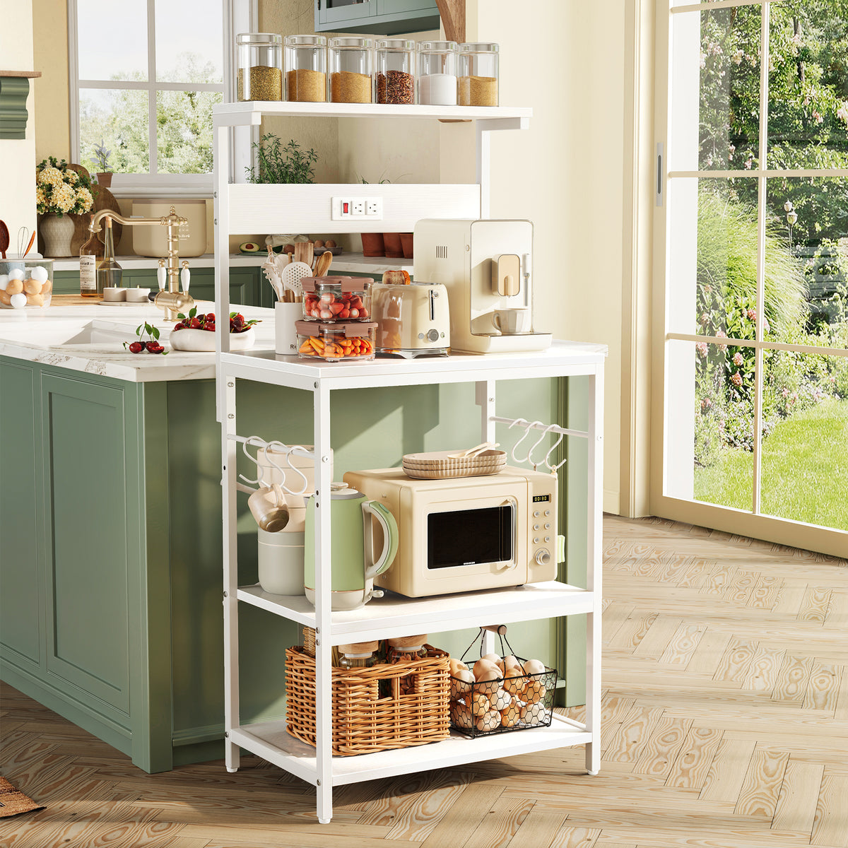 Amadwell 4-Tier Kitchen Storage Shelf Organizer Bakers Rack with Power Outlets, Coffee Bar & Microwave Stand, White