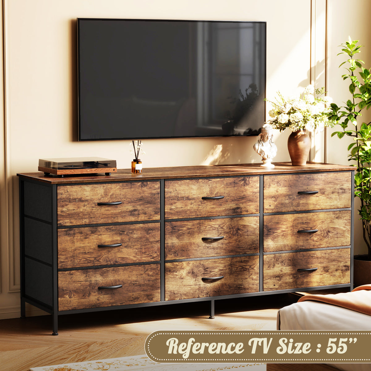 9 Drawer Bedroom Dresser with Storage, 55 Inch TV Stand for 55, 60 Inch TV, Fabric Chest for Closet, Brown