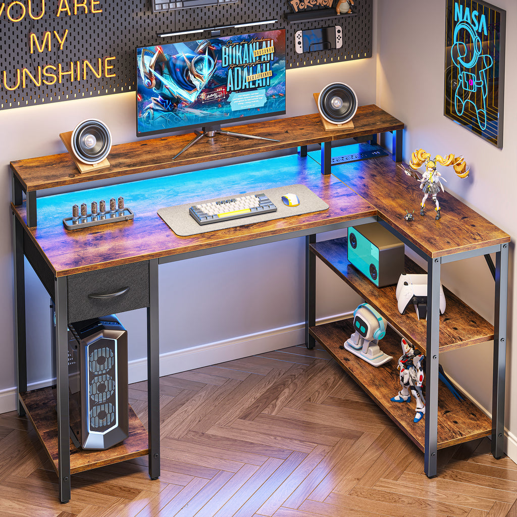 Amadwell 47 Inch L Shaped Desk with LED Strip, Corner Gaming Desk with Power Outlet, Drawer & Shelves, Brown