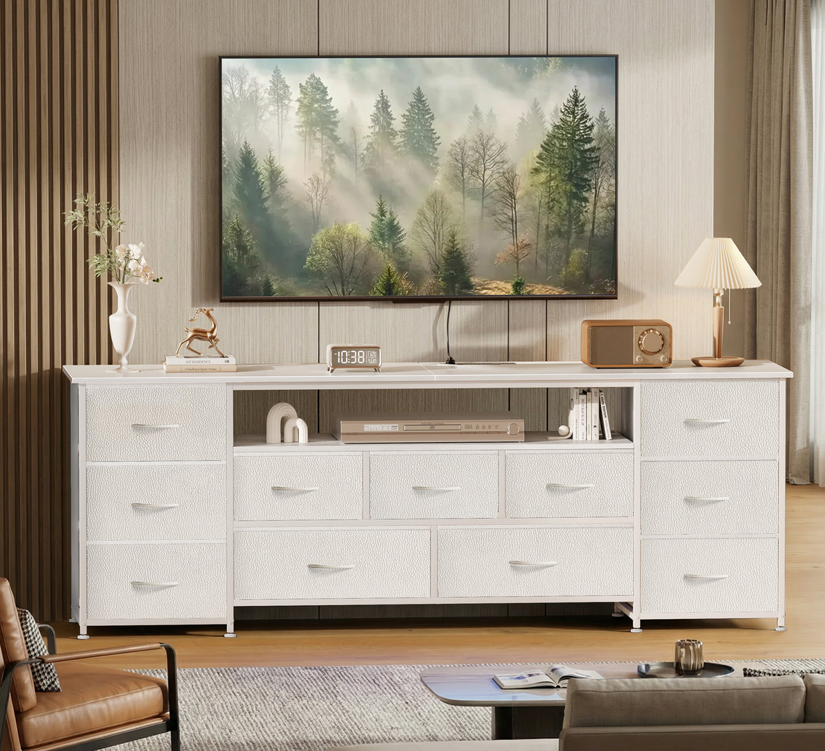 Amadwell Large TV Stand for 65, 70 Inch TVs, 11 Drawers with Power Outlets & LED Lights, 63 inch Entertainment Center, White
