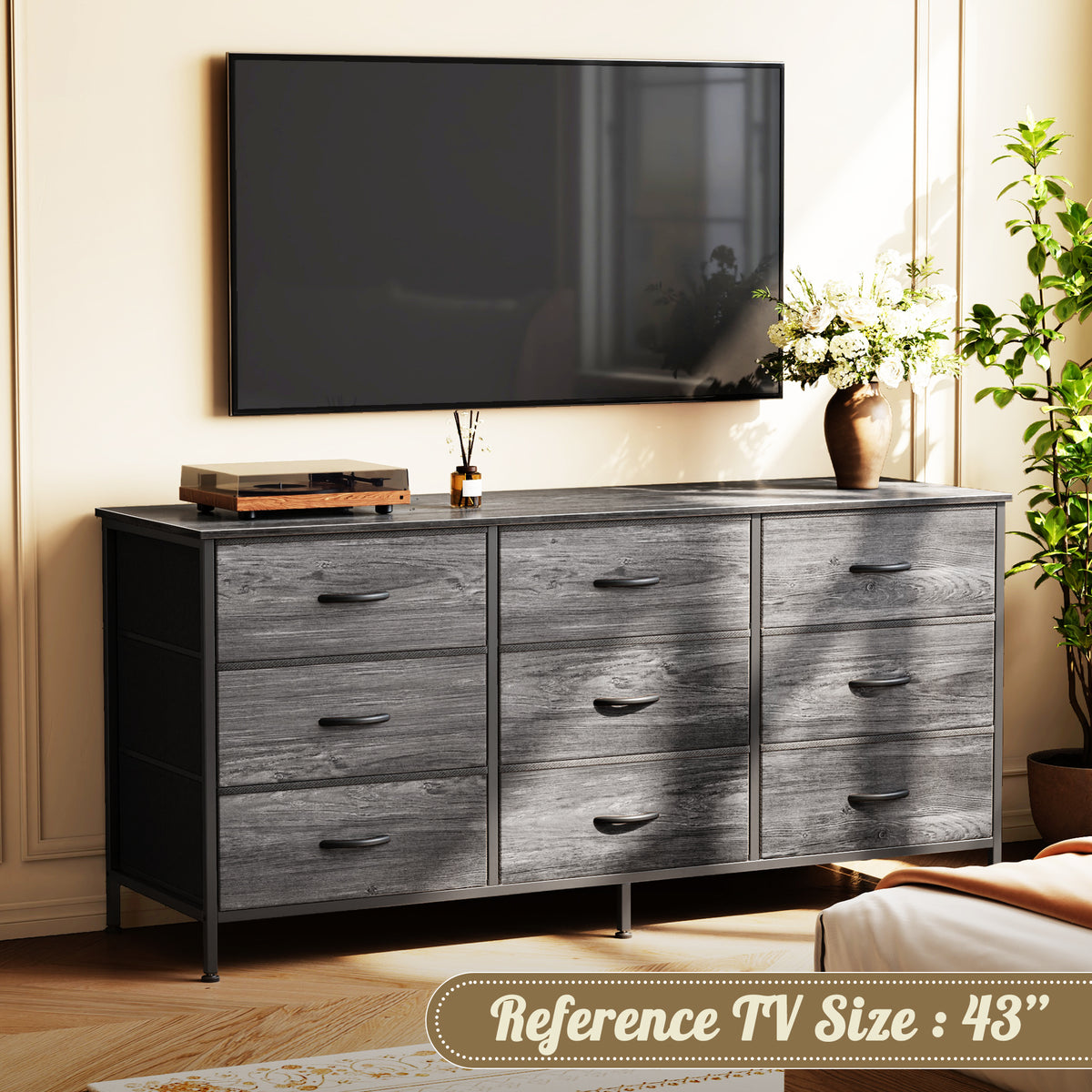 9 Drawer Bedroom Dresser with Storage, 47 Inch TV Stand for 50, 55 Inch TV, Fabric Chest for Closet, Gray