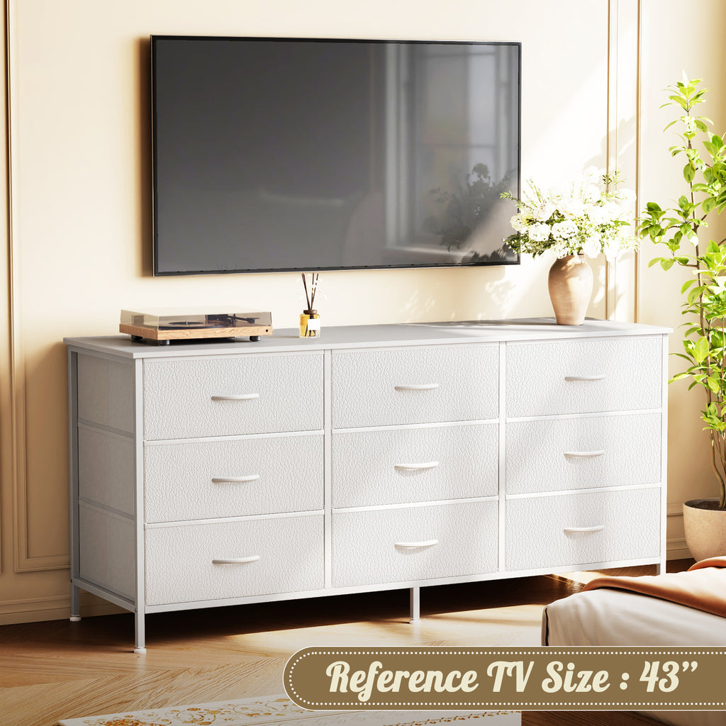 9 Drawer Bedroom Dresser with Storage, 47 Inch TV Stand for 50, 55 Inch TV, Fabric Chest for Closet, White