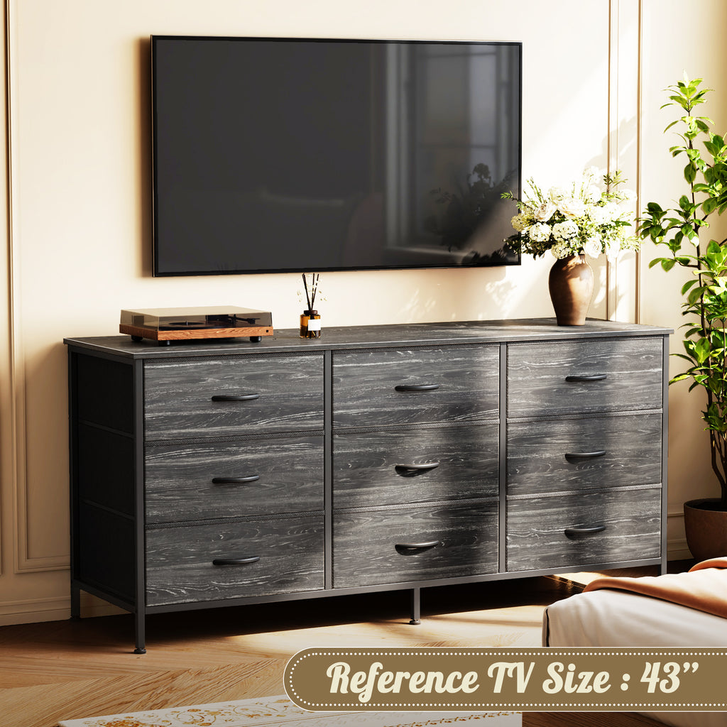 9 Drawer Bedroom Dresser with Storage, 47 Inch TV Stand for 50, 55 Inch TV, Fabric Chest for Closet, Charcoal Black Wood Grain Print