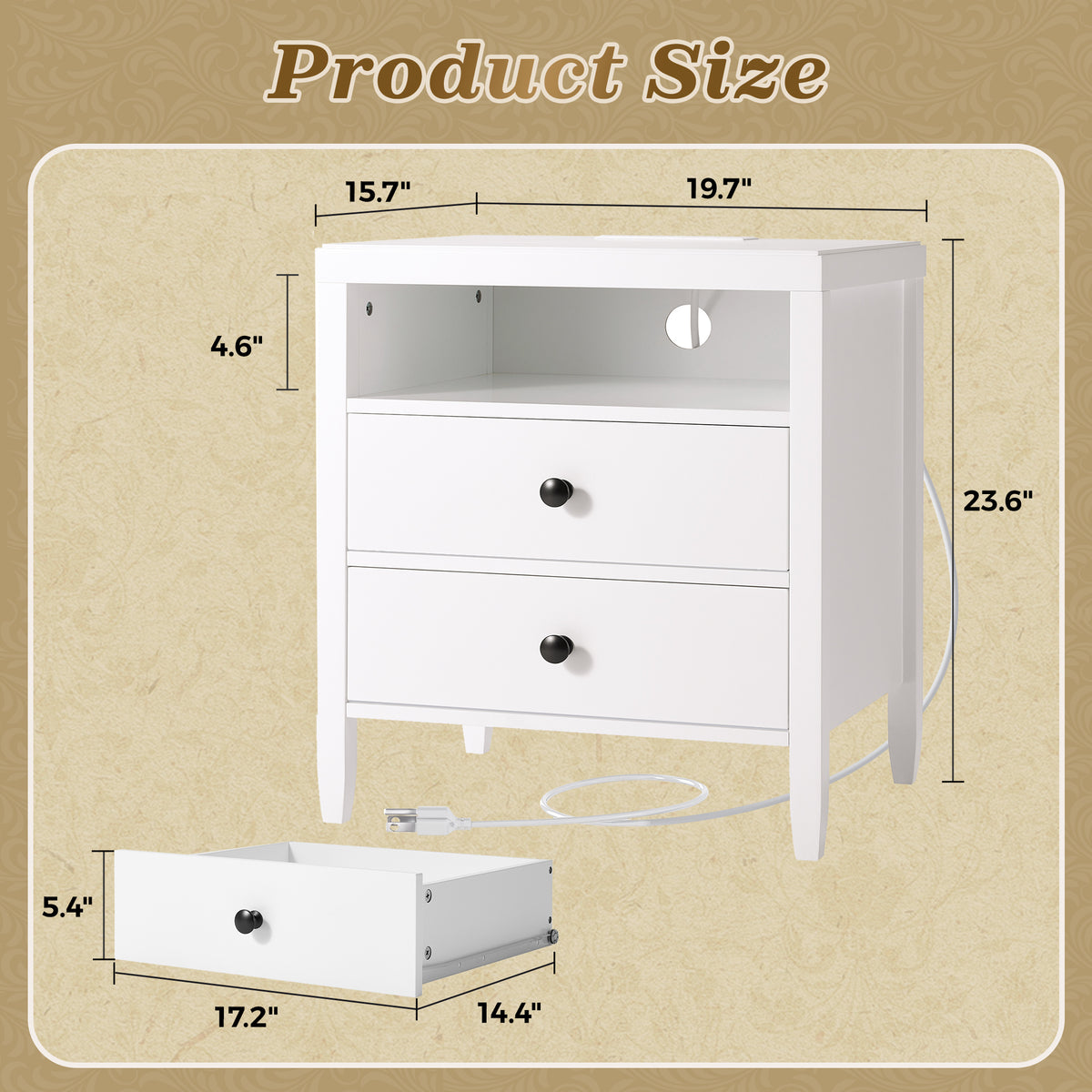 Amadwell Nightstand with Charging Station, Bedside End Table with 2 Drawers & Storage for Bedroom, White