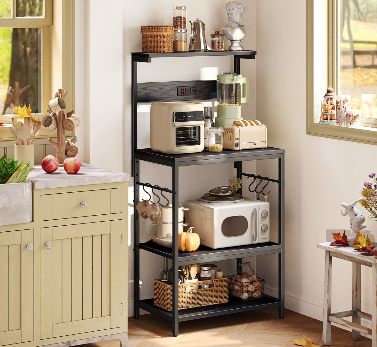 Amadwell 4-Tier Kitchen Storage Shelf Organizer Bakers Rack with Power Outlets, Coffee Bar & Microwave Stand, All Black