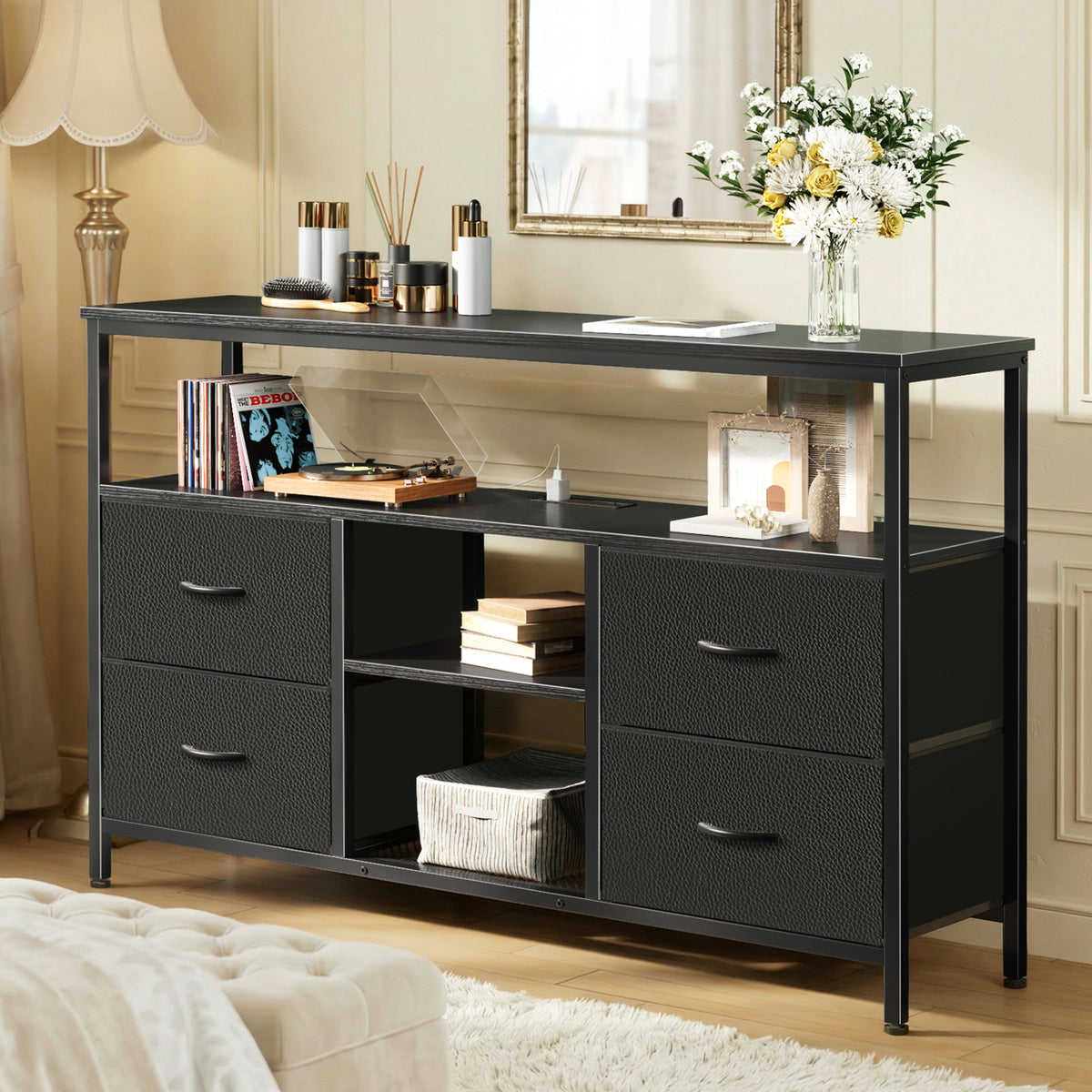 Amadwell TV Stand with Power Outlets & LED Lights, 4 Drawer Dresser Entertainment Center, Media Console with Open Shelf, Black