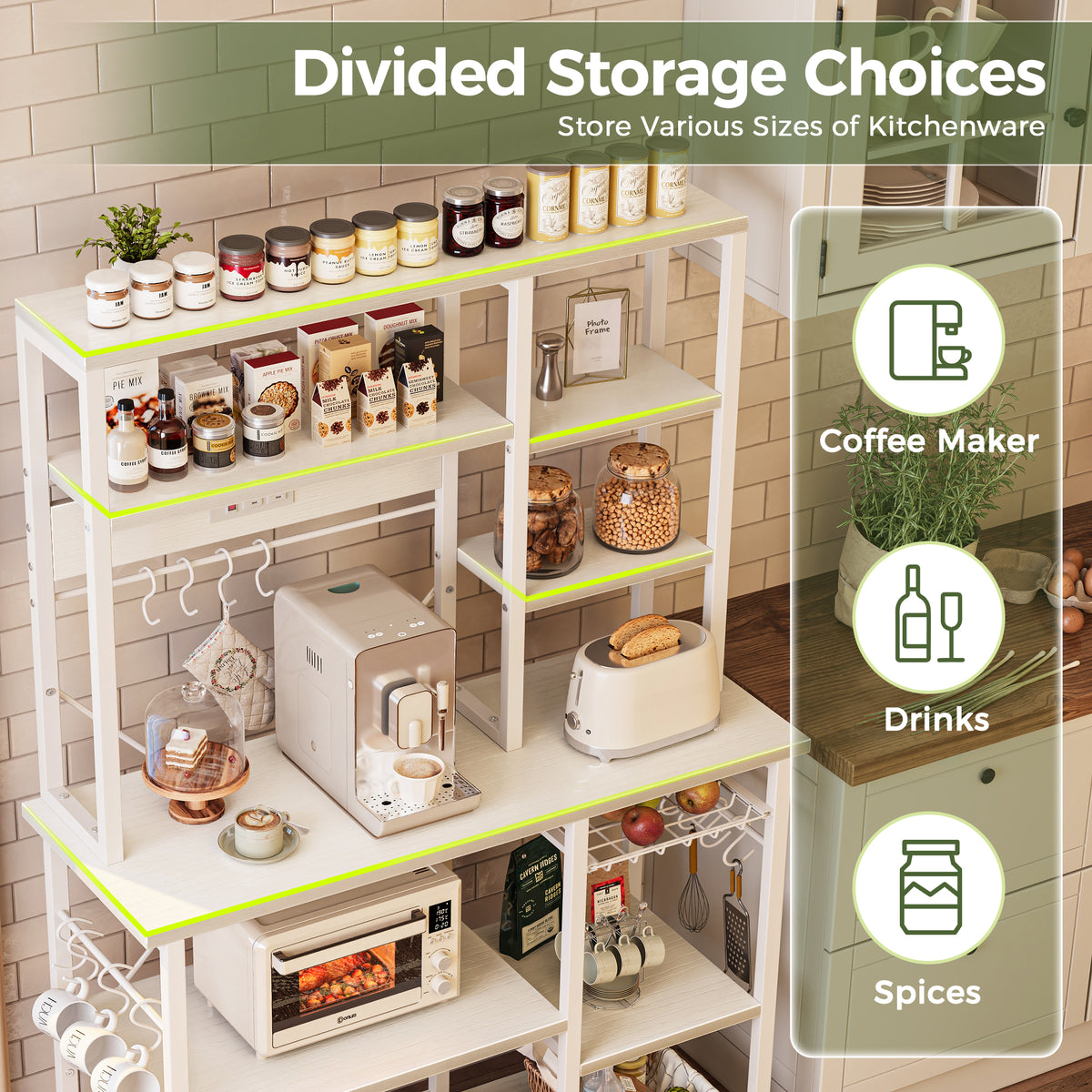 Amadwell 39.4" Large Bakers Rack, 6-Tier Microwave Stand with Power Outlets, Kitchen Shelf with Wire Basket, White