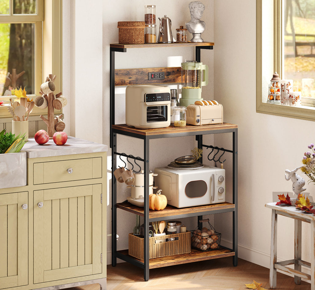 Amadwell 4-Tier Kitchen Storage Shelf Organizer Bakers Rack with Power Outlets, Coffee Bar & Microwave Stand, Brown