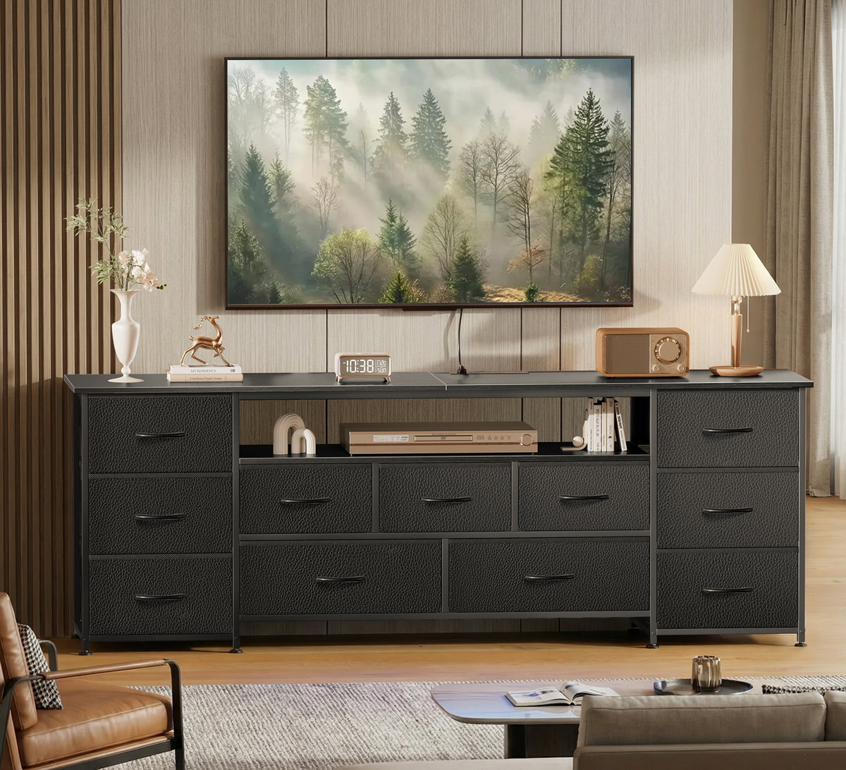 Amadwell Large TV Stand for 65, 70 Inch TVs, 11 Drawers with Power Outlets & LED Lights, 63 inch Entertainment Center, Black