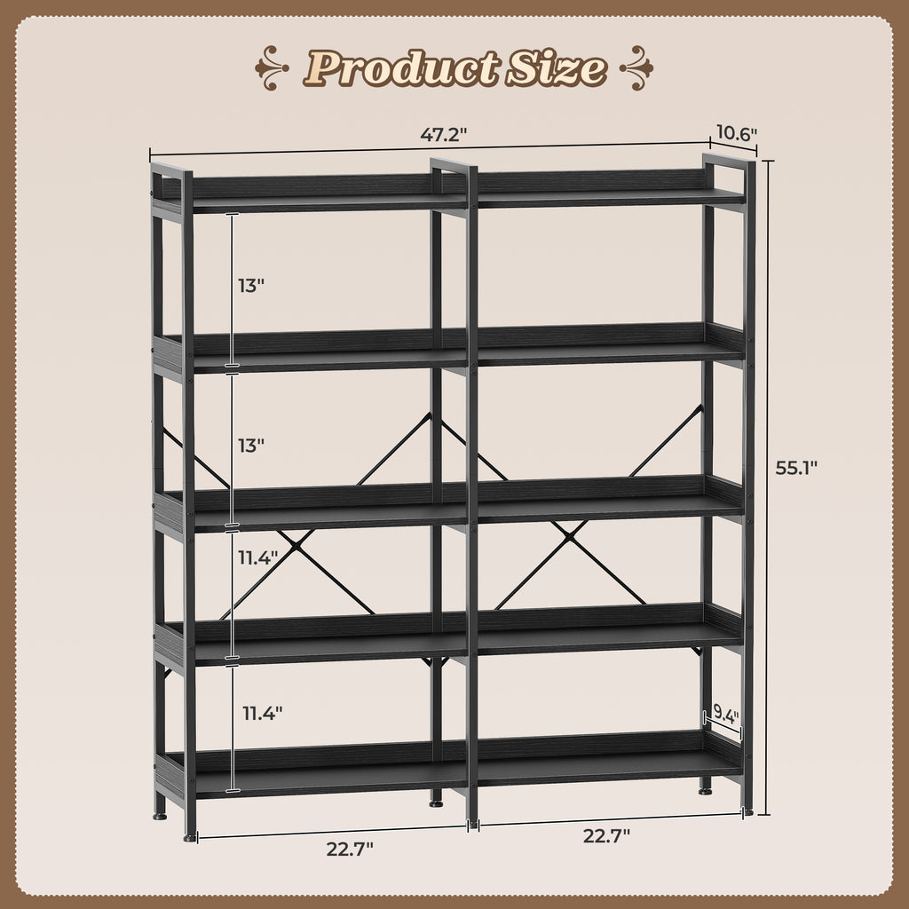 Amadwell 5-Tier Bookshelf with 10 Open Shelves, 47" Freestanding Bookcase, Sturdy Metal Frame, for Living Room, Black