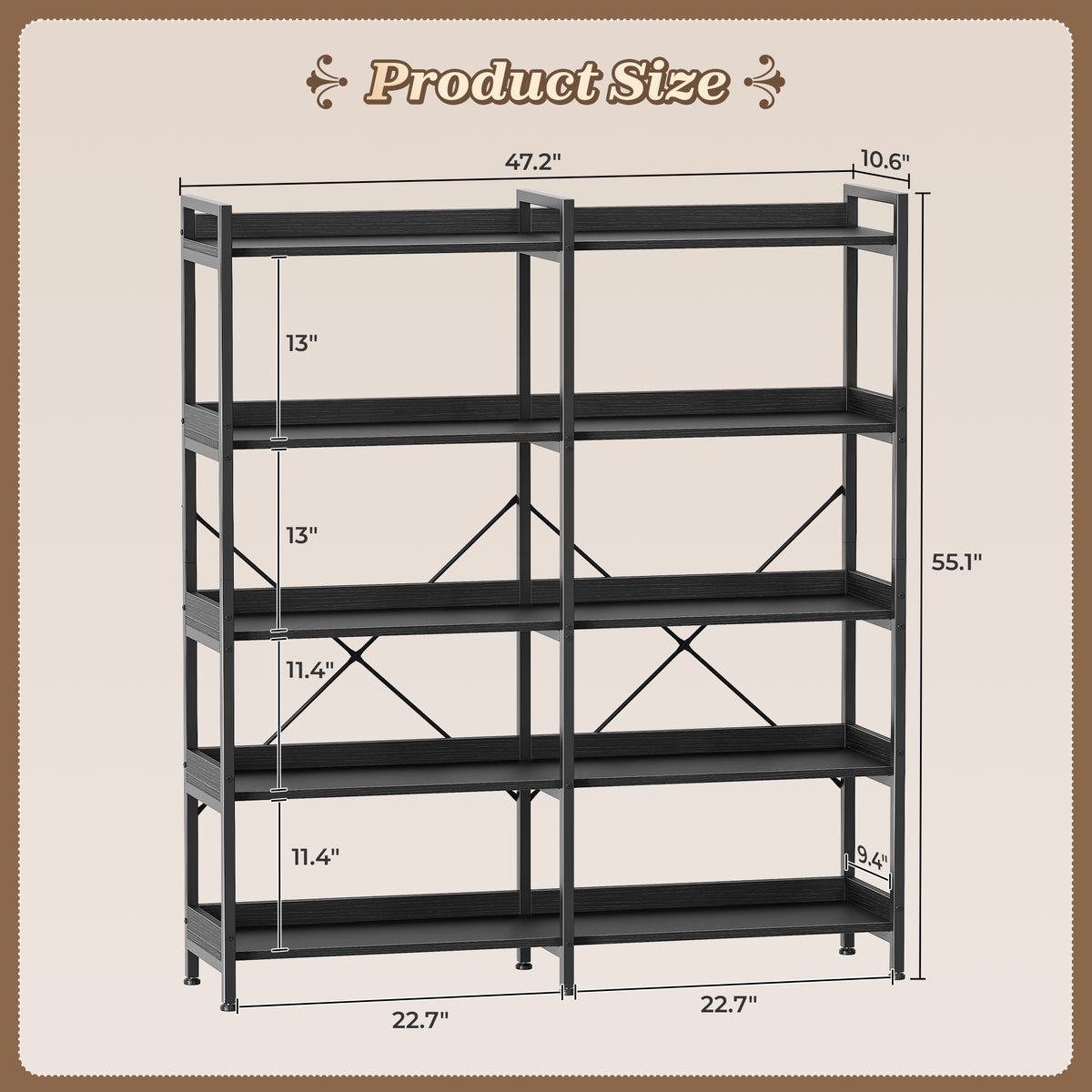 Amadwell 5-Tier Bookshelf with 10 Open Shelves, 47" Freestanding Bookcase, Sturdy Metal Frame, for Living Room, Black