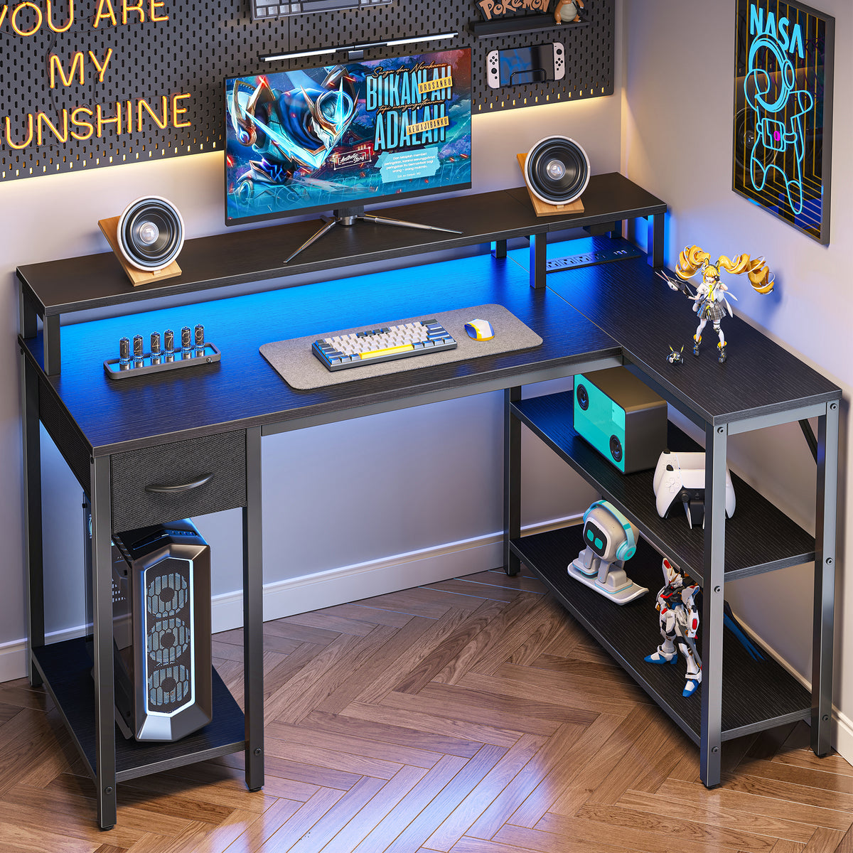 Amadwell 47 Inch L Shaped Desk with LED Strip, Corner Gaming Desk with Power Outlet, Drawer & Shelves, Black