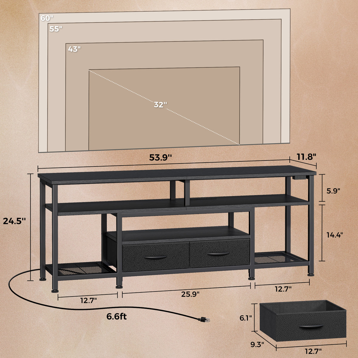Amadwell 54" LED TV Stand for 55-60 Inch TVs, Entertainment Center with Power Outlets & Drawers, Rustic Brown