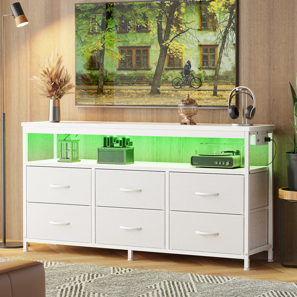 Amadwell 47 Inch LED TV Stand Dresser for 55 Inch TVs, 6 Drawer Entertainment Center with Power Outlets, Media Console with Storage, White