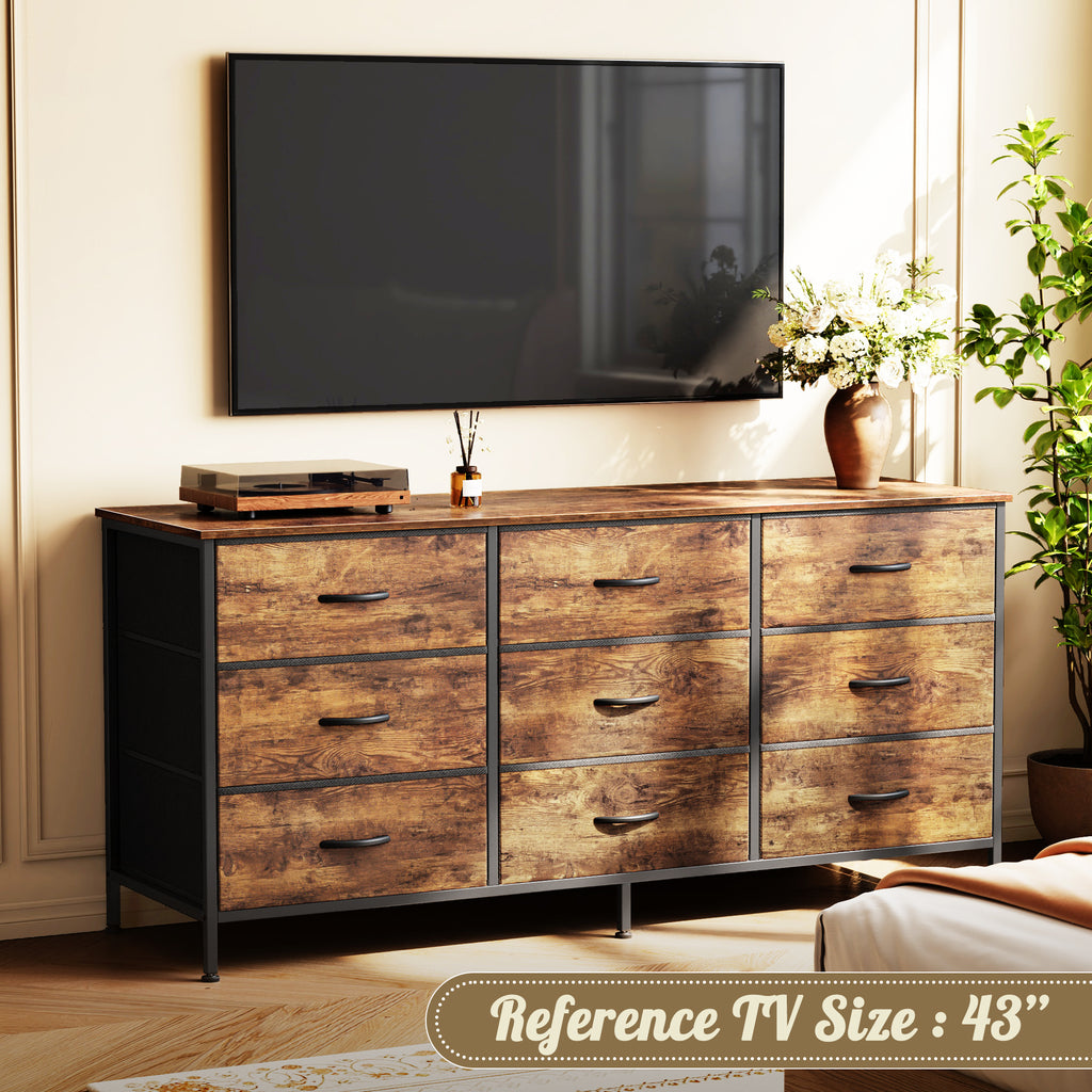 9 Drawer Bedroom Dresser with Storage, 47 Inch TV Stand for 50, 55 Inch TV, Fabric Chest for Closet, Red