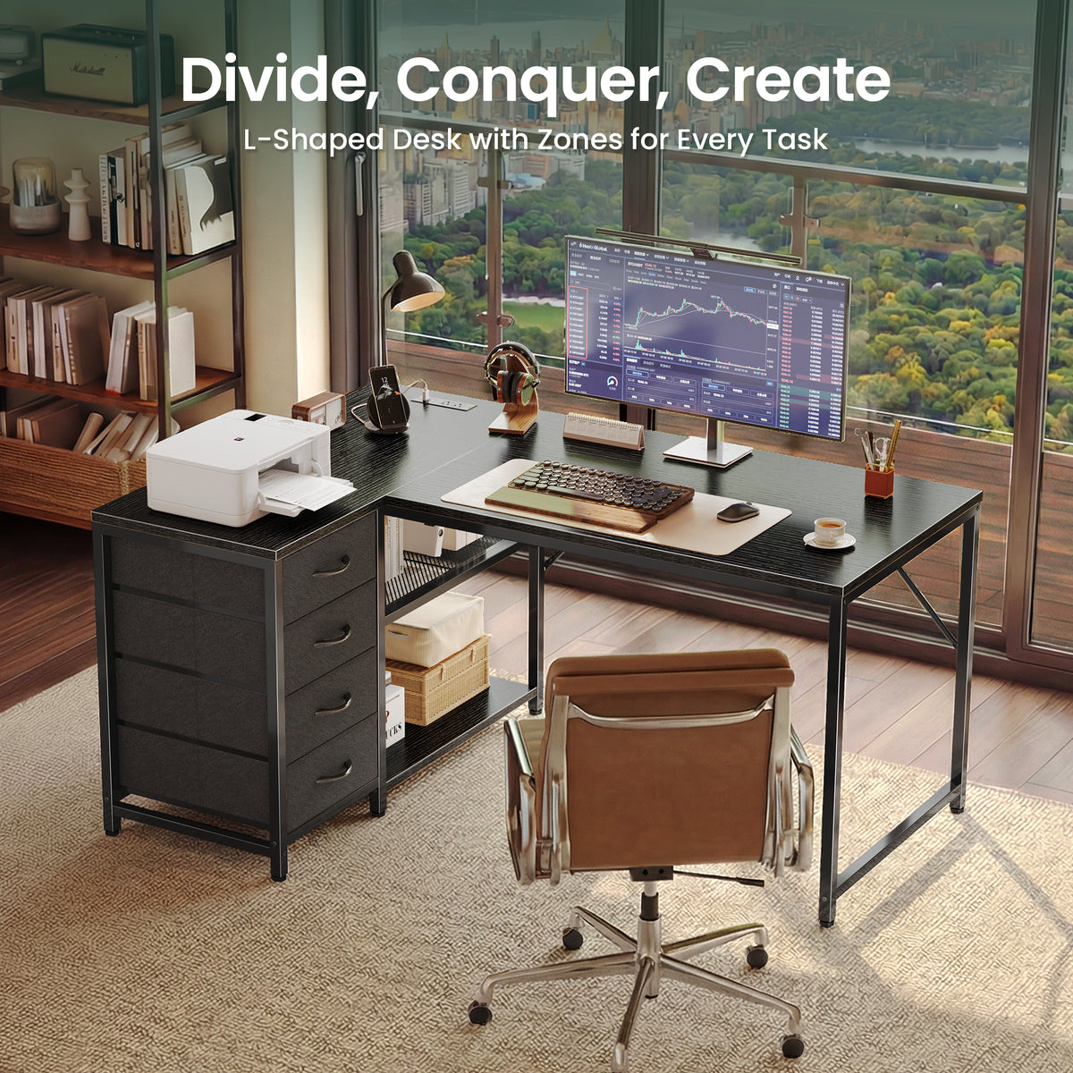Amadwell 43 Inch L Shaped Desk with Power Outlets & Drawers, Reversible L-Shape Computer Desk, Black