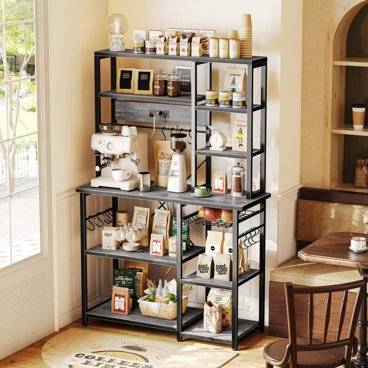 Amadwell 39.4" Large Bakers Rack, 6-Tier Microwave Stand with Power Outlets, Kitchen Shelf with Wire Basket, Gray