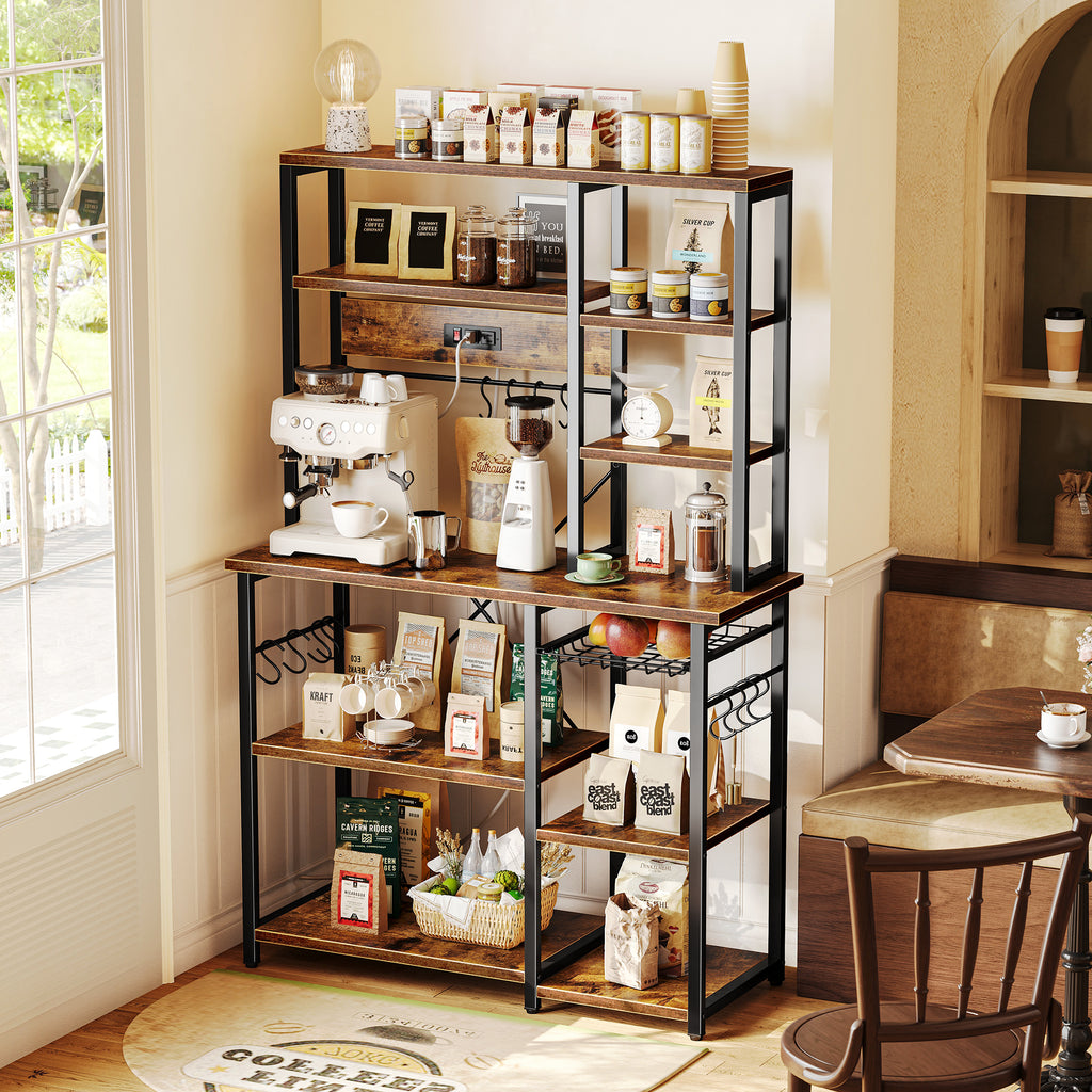 Amadwell 39.4" Large Bakers Rack, 6-Tier Microwave Stand with Power Outlets, Kitchen Shelf with Wire Basket, Brown