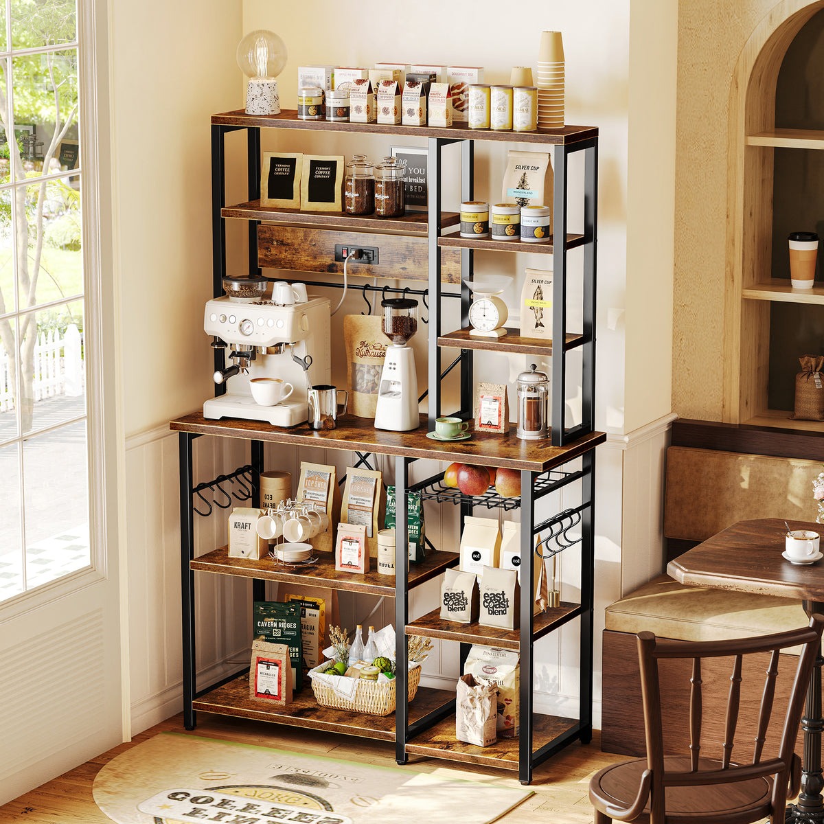 Amadwell 39.4" Large Bakers Rack, 6-Tier Microwave Stand with Power Outlets, Kitchen Shelf with Wire Basket, Brown