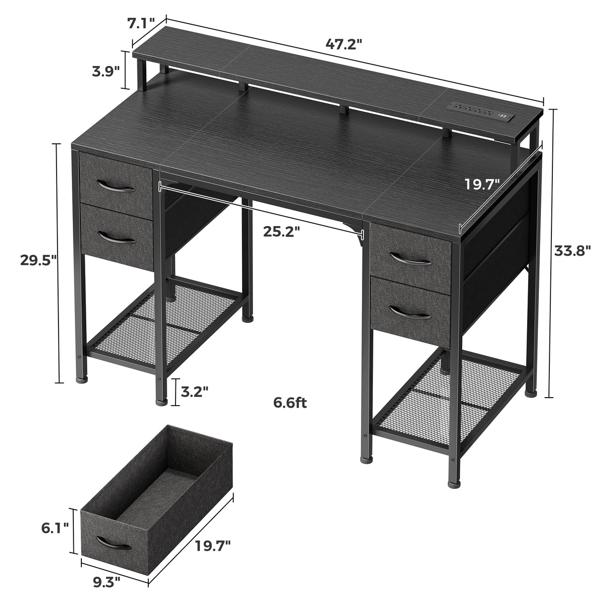 Amadwell 47 Inch Computer Desk with 4 fabric drawers and LED Lights, Power Outlets Gaming Desk ,Home Office Desk for Bedroom, Writing Study Table with Monitor Stand, Black
