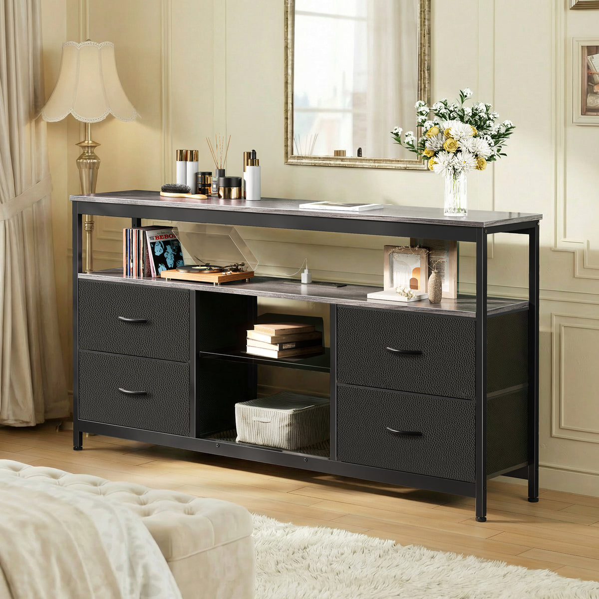 Amadwell TV Stand with Power Outlets & LED Lights, 4 Drawer Dresser Entertainment Center, Media Console with Open Shelf, Gray