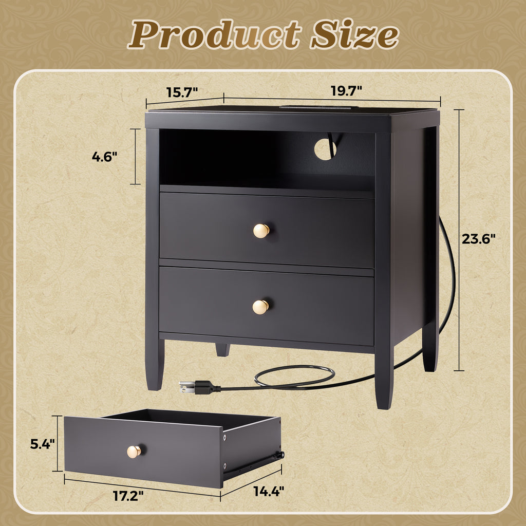 Amadwell Nightstand with Charging Station, Bedside End Table with 2 Drawers & Storage for Bedroom, Black