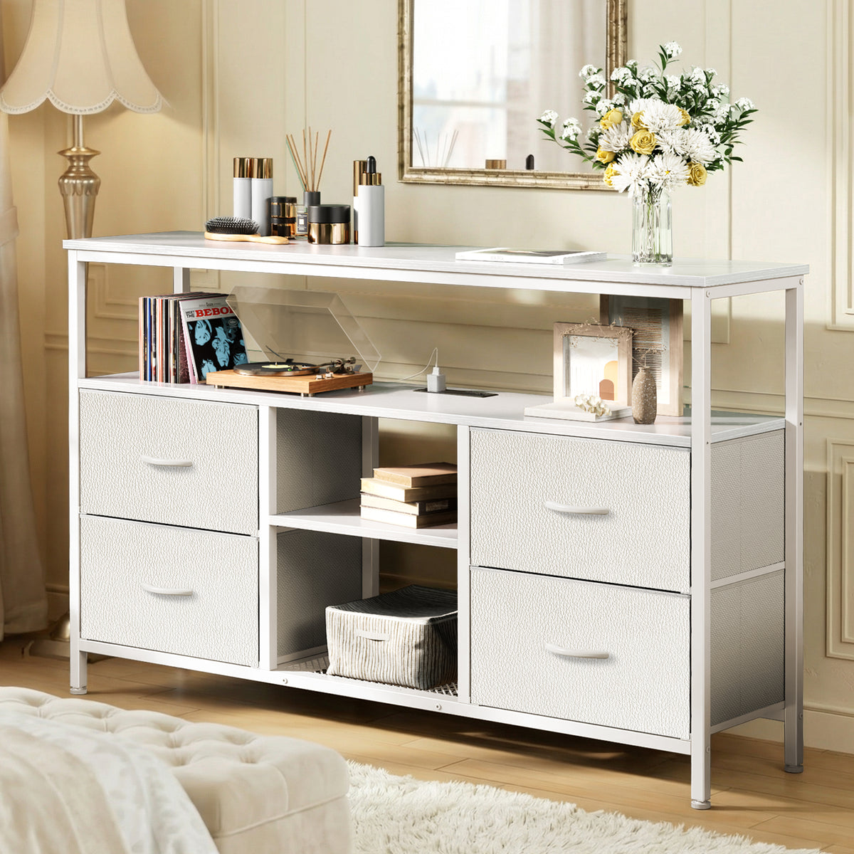 Amadwell TV Stand with Power Outlets & LED Lights, 4 Drawer Dresser Entertainment Center, Media Console with Open Shelf, White